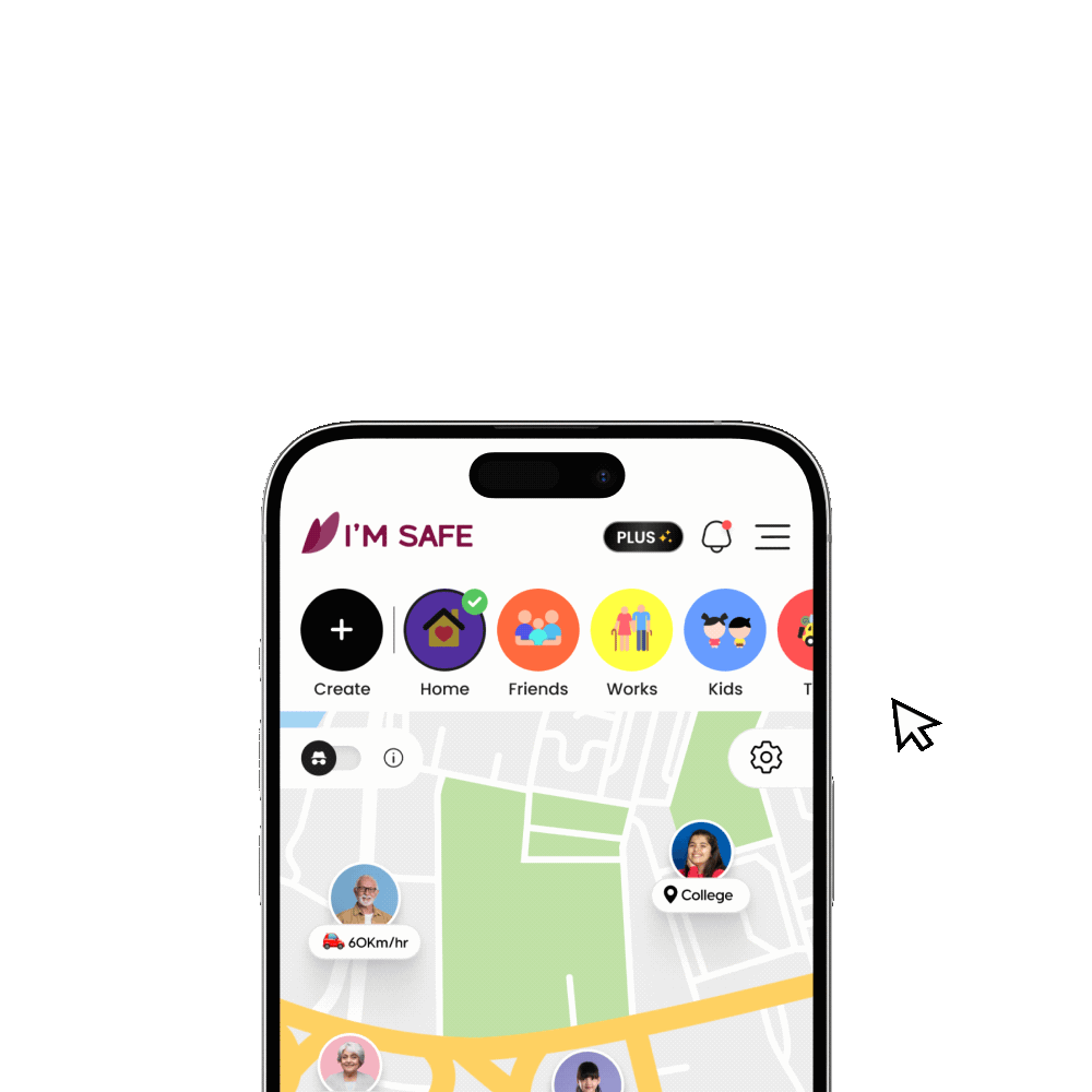 I'M SAFE app showing your Bubble with trusted contacts on a live map
