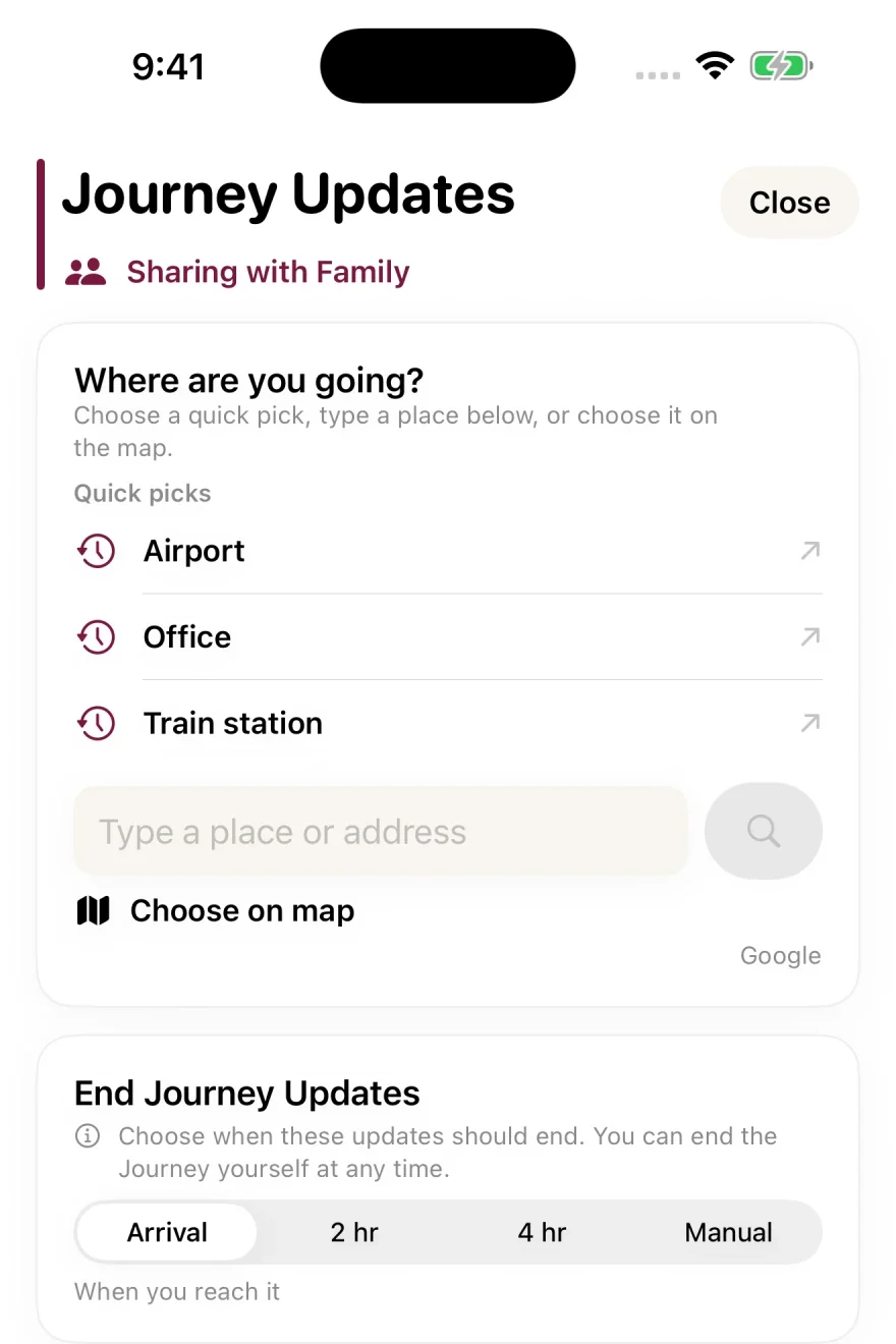 I’M SAFE Journey setup with destination and duration choices