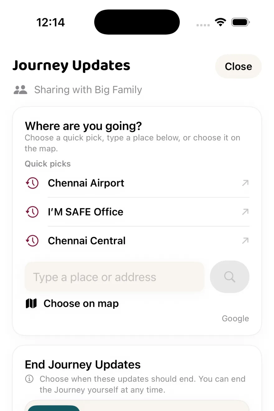I’M SAFE Journey Updates setup with quick picks and a choice of when updates end