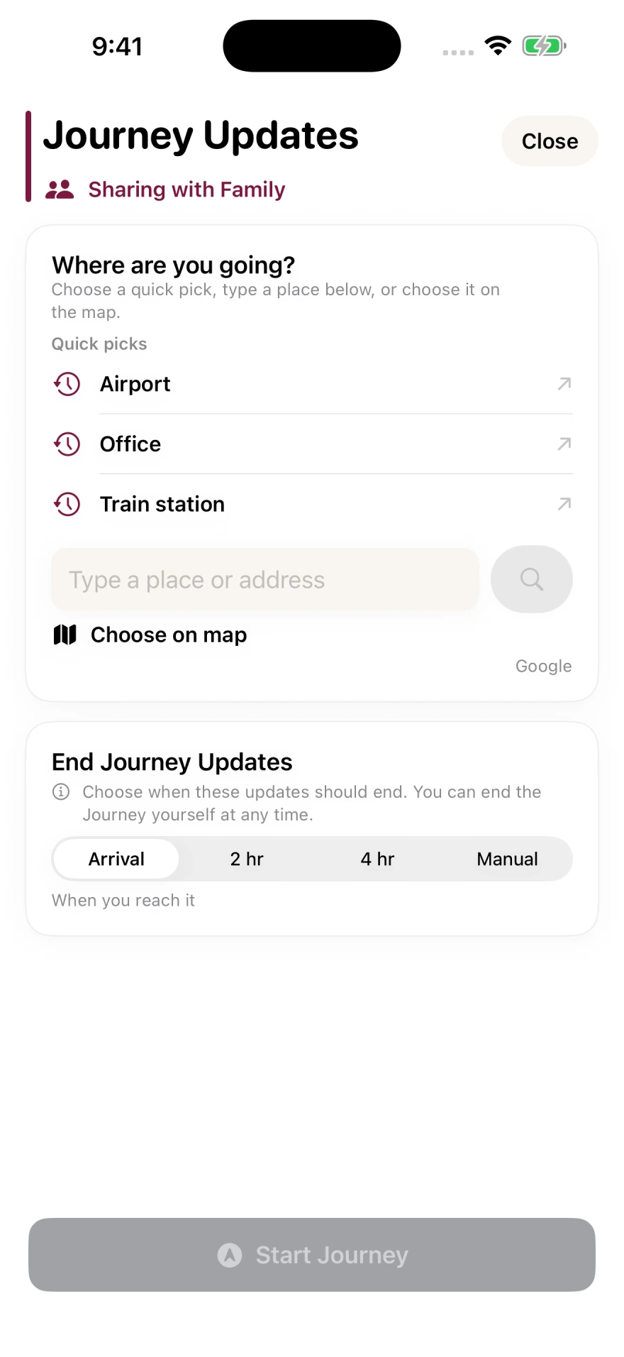 I’M SAFE Journey setup with destination and duration choices