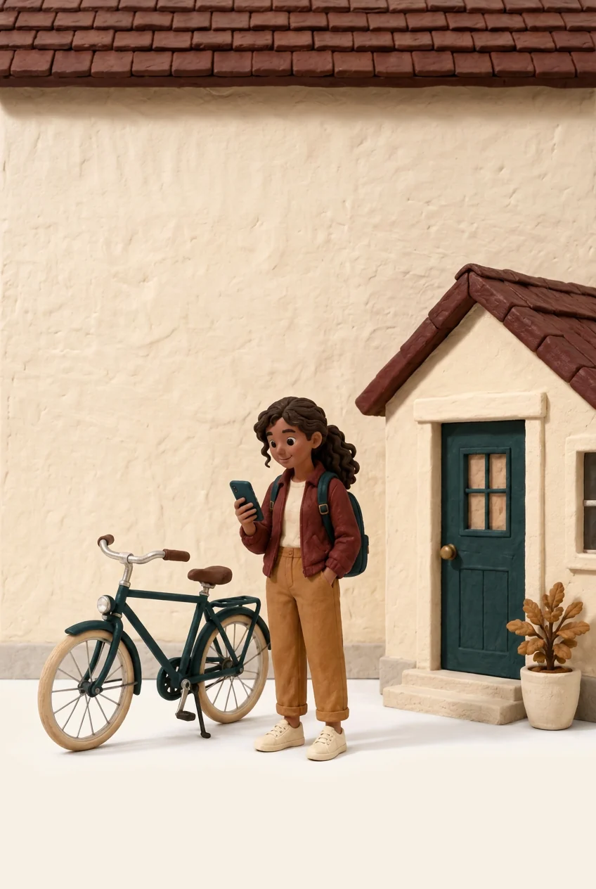 A clay cyclist arriving home and checking their phone