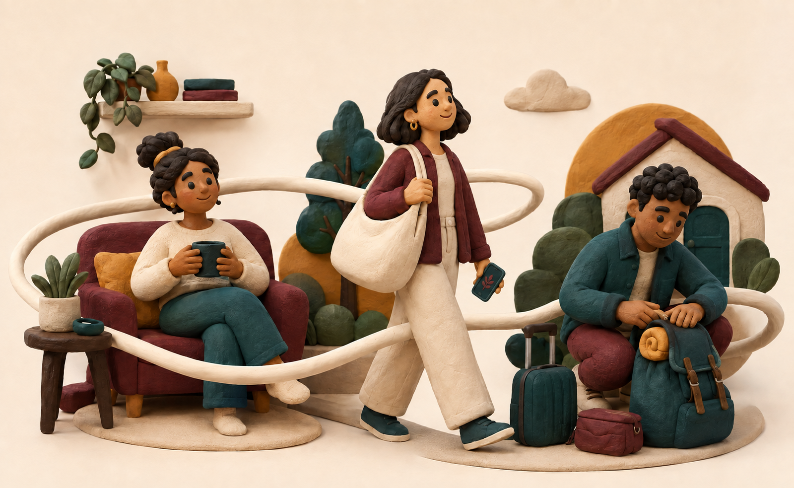 Three fictional clay characters staying connected at home, while travelling and on the move