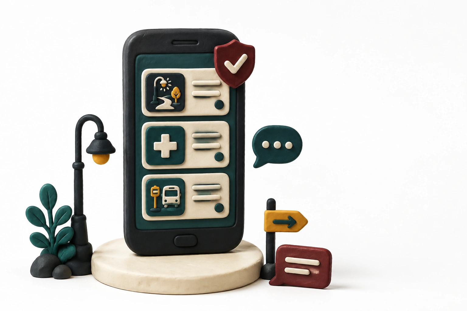 A fictional clay phone showing local guide cards for a lit path, a pharmacy and public transport